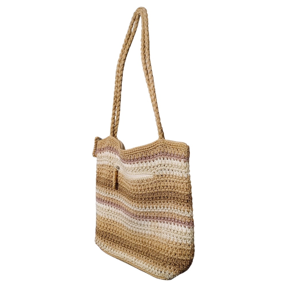 The Sak Beige Tan Pink Striped Knit Crochet Large Boho Tote Bag Handbag Purse - Picture 3 of 8